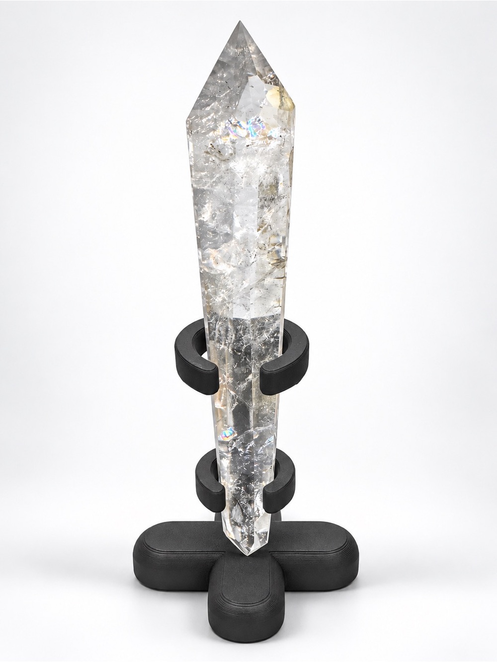 Quartz crystal wand with rainbows and stand